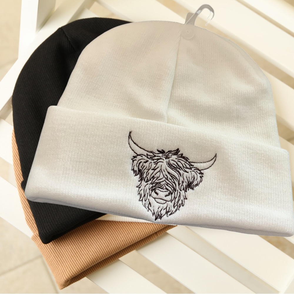 Handcrafted Embroidered Highland Cow Beanie | New White Knitted Beanie Hat